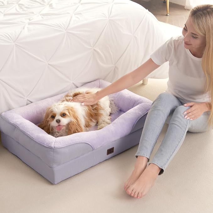 EHEYCIGA Orthopedic Dog Bed for Medium Dog, 35x22x6.5 Inch Memory Foam Dog Couch Bed with Sides, Waterproof Liner & Washable Removable Cover, Bolster Pet Sofa, Purple