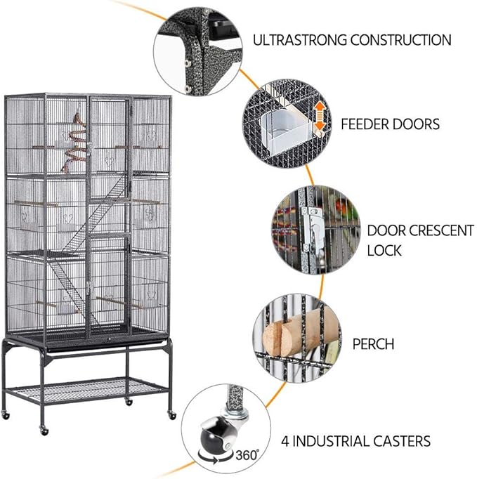 Yaheetech 69-Inch Extra Large Wrought Iron 3 Levels Ferret Chinchilla Sugar Glider Squirrel Small Animal Cage with Cross Shelves and Ladders, Black
