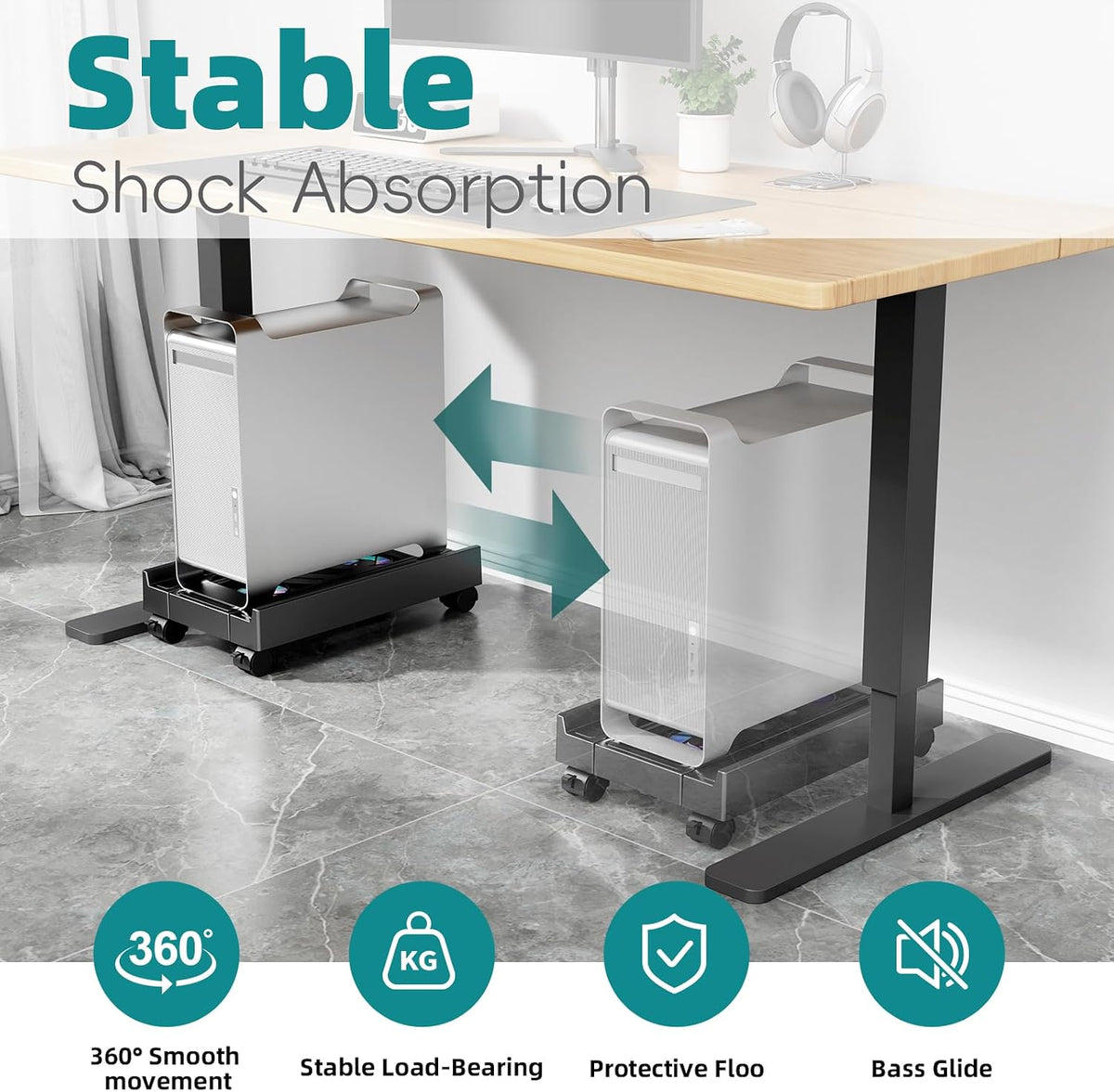 CABTE Computer Tower Stand with Cooling Fan, Adjustable Mobile CPU Holder