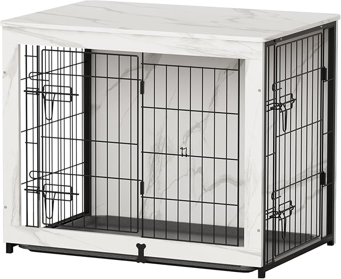 Megidok Wooden Dog Crate Furniture with Cushion,Medium Dog Crate End Table with Tray, Double Doors Kennels Indoor (32" L*22" W*26" H, Marble White)