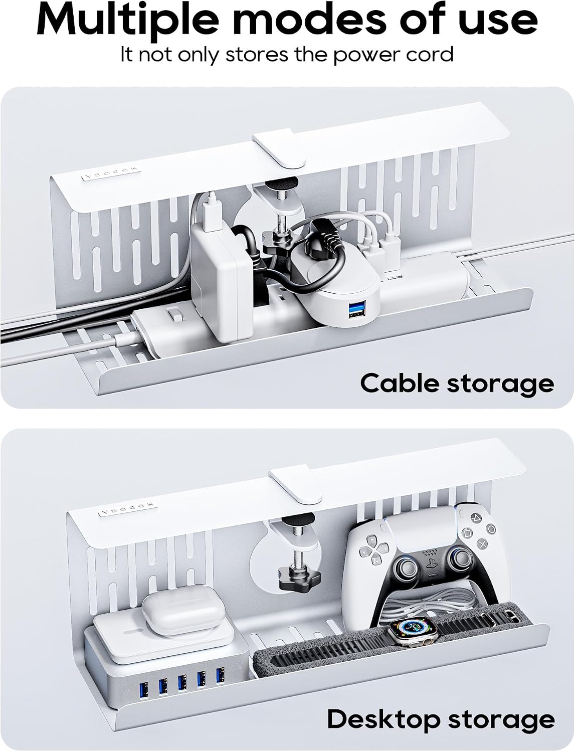 NODOCA No Drill Under Desk Cable Management Tray, 14'' Wire Management, Punch-Free Clamp on, Metal Cable Tray, Wire Organizer, Under Desk Basket for Office and Home, White