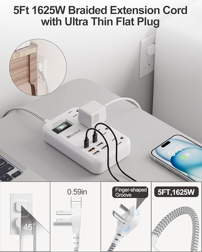 45W USB C Surge Protector Power Strip, Travel Power Strip with 6 USB(2 USB C) Ports and 4 Outlets,5Ft Flat Plug Braided Extension Cord, PD 45W Fast Charging for MacBook Laptops iPad Pro iPhone Samsung