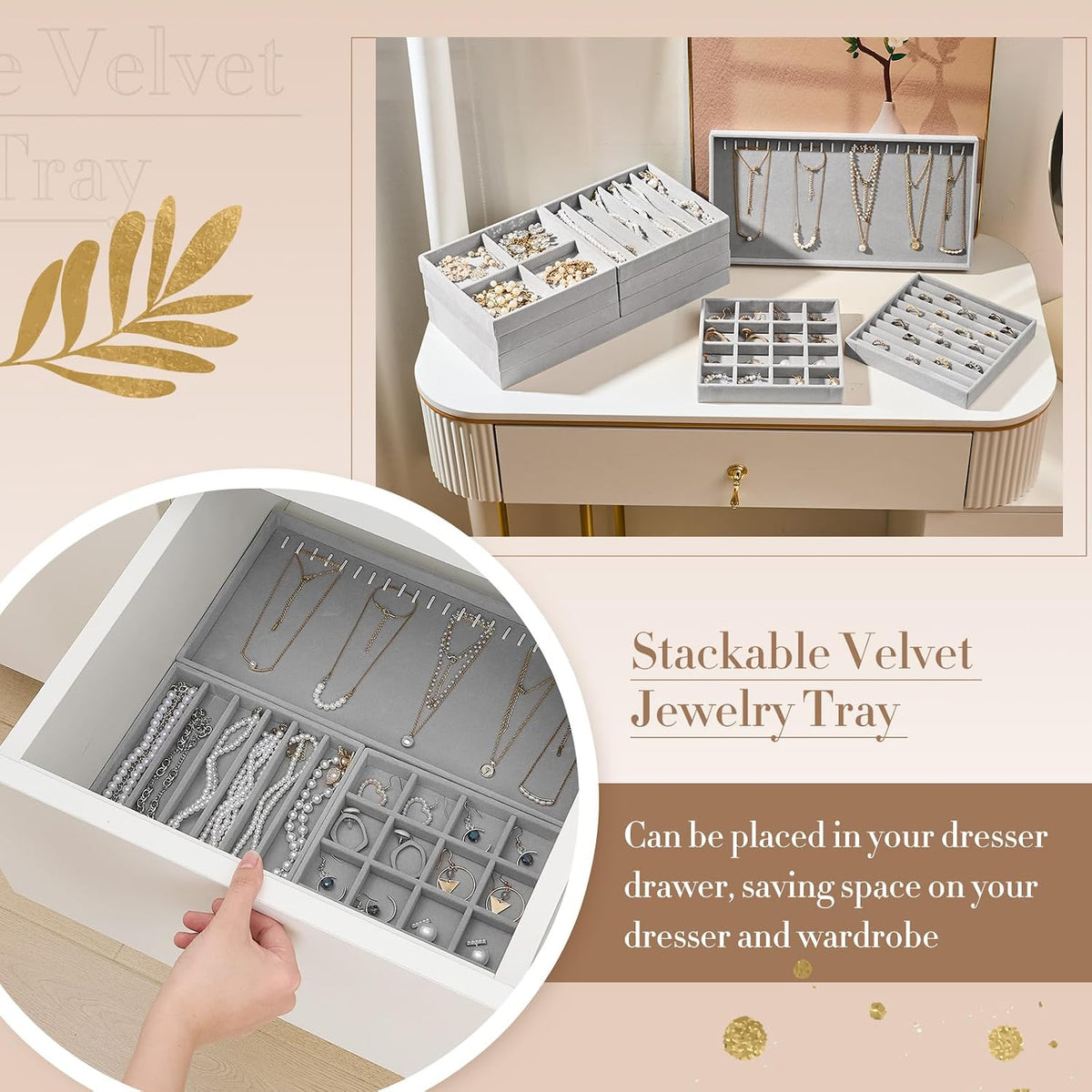 Cinnvoice Set of 10 Stackable Jewelry Organizer Tray for Drawer, Gray