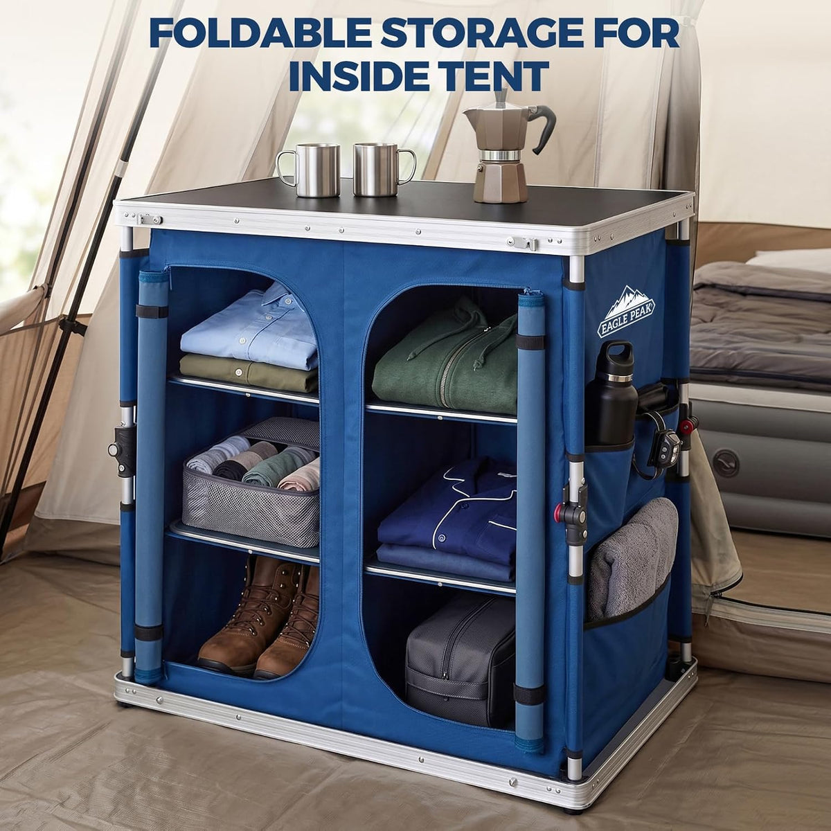 EAGLE PEAK Double Folding Camping Table with Storage Organizer and Side Pockets, Portable Outdoor Portable Camping Table for BBQ, Picnic and Tailgating, Carry Bag Included, Blue