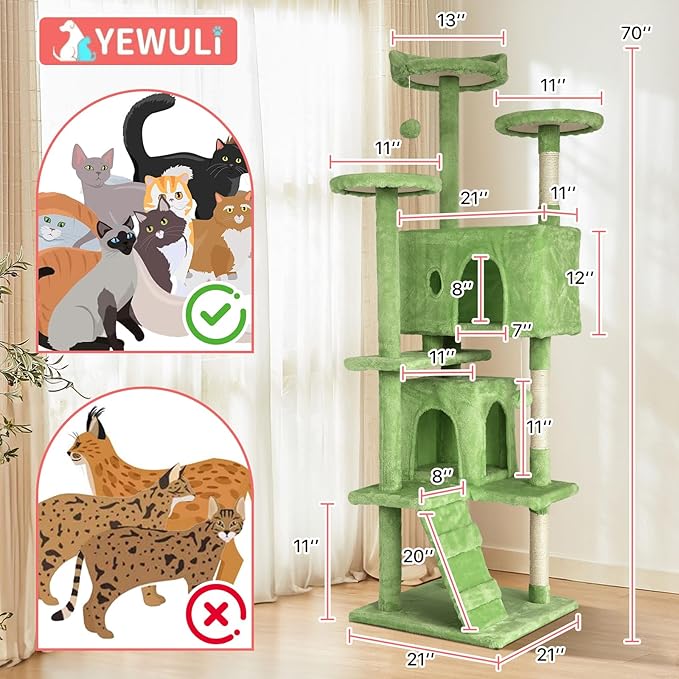 70in Cat Tree Cat Climbing Tower with Scratching Post, Cats House Perch Kitten Tree Condo Wood Playhouse, Pet Trees Tower for Indoor Cats, Green