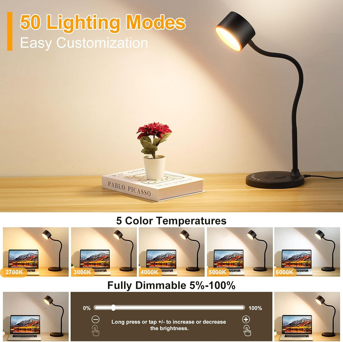 LiFMIRA Desk lamp with 2 USB Charging Ports, Touch Control Desk Light Black