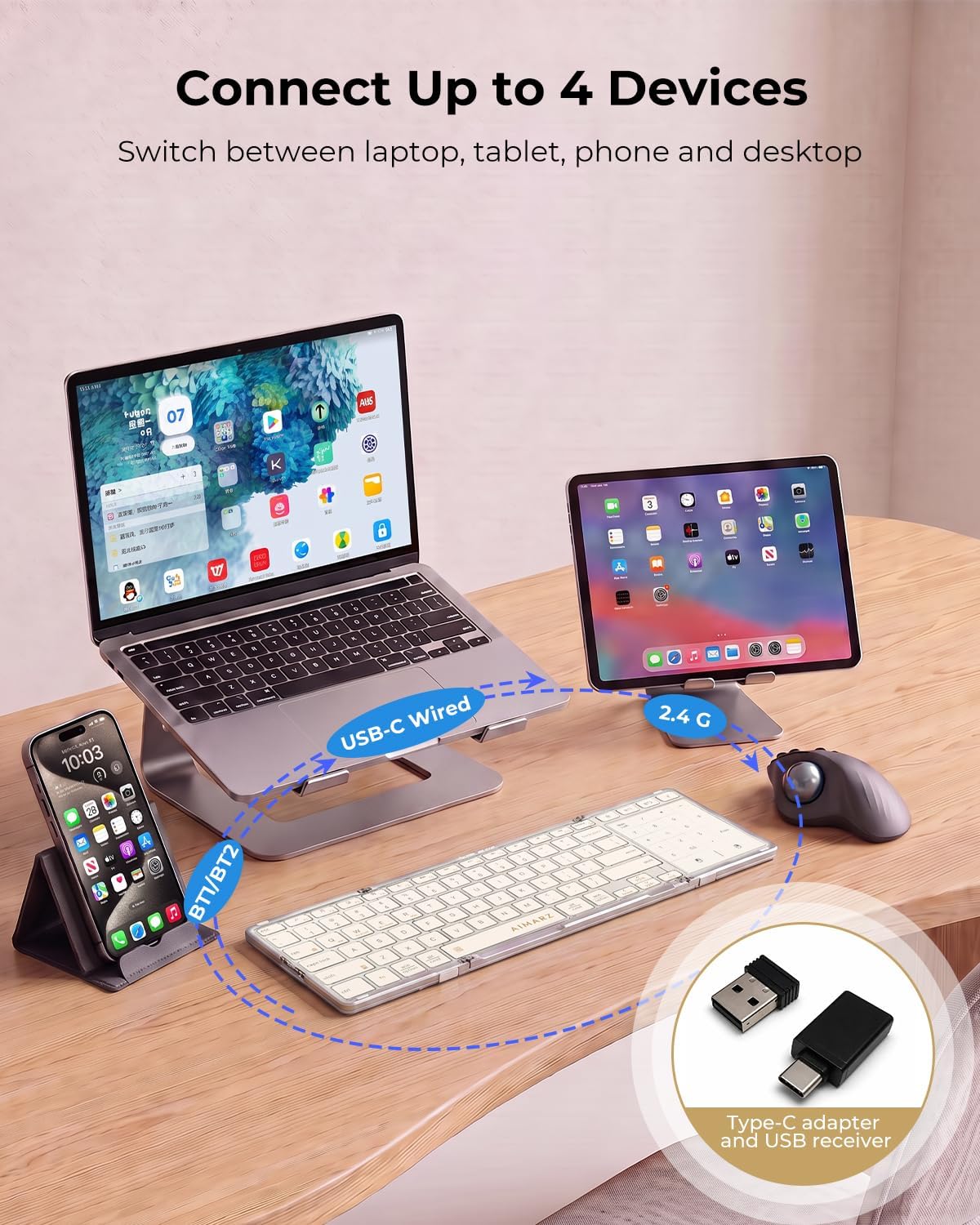 AIMARZ AF01 Foldable Keyboard, Full-Size Keys, Touchpad/Number Pad, White