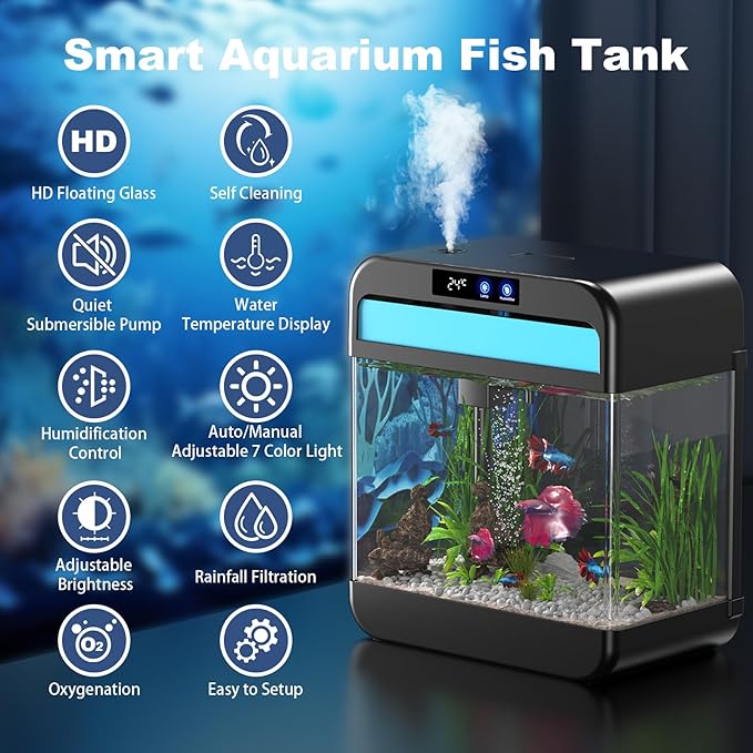 Fish Tank 2.2 Gallon Fish Bowl with Humidifier 7 Color Auto-Looping Light Aquarium Tank with 3 in 1 Silent Pump with Filteration & Oxygenation & Circulation(Black-2.2 Gallon)