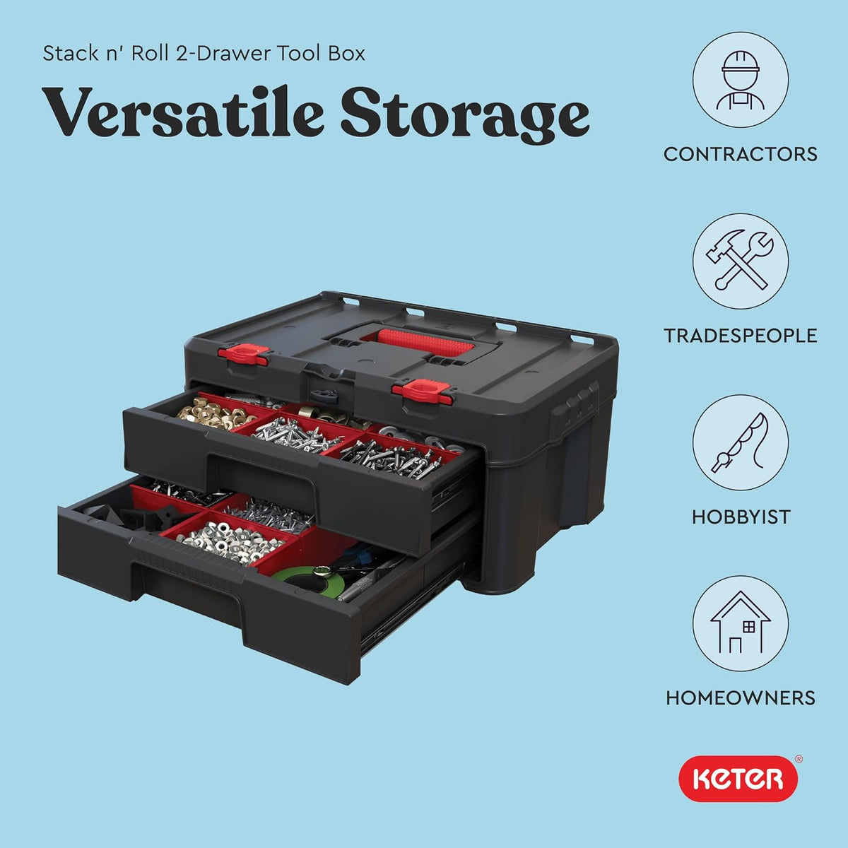 Keter Stack-n-Roll Two Drawer Tool Box for Small Parts and Power Tool Accessories, Fits Keter Modular Tool Storage System