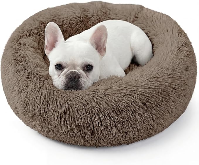 Calming Dog Bed, 20" x 20" x 6" Fits Cat & Dog, Anti-Slip Round Washable Faux Fur for Doze Off, Napping Orthopedic, Khaki