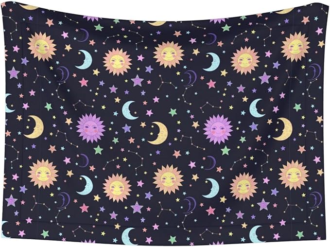 Double Sided Pet Bed Blanket for Added Cushion Warmth, Trippy Sun Moon Stars, Reversible Cover with Textured Dot Surface for Existing Beds Standalone Mat