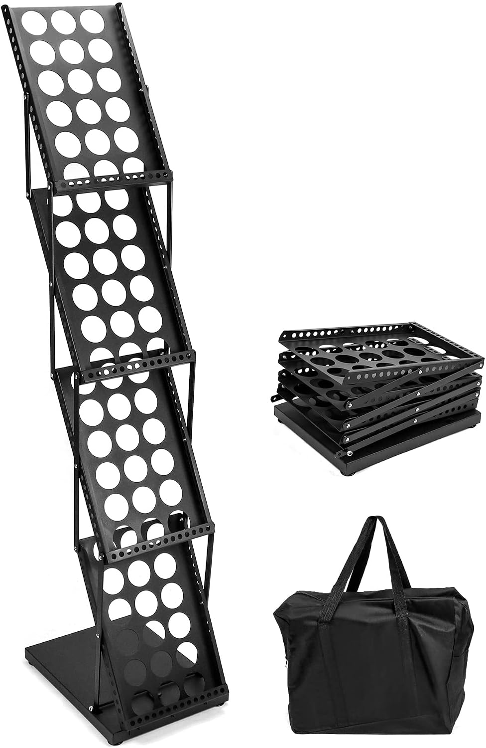QWORK Magazine Brochure Display Rack Stand, 4 Pocket Foldable Literature Catalog Rack Book Holder Tradeshow Display Stand, for Office Store and Exhibition Trade Show (Black)