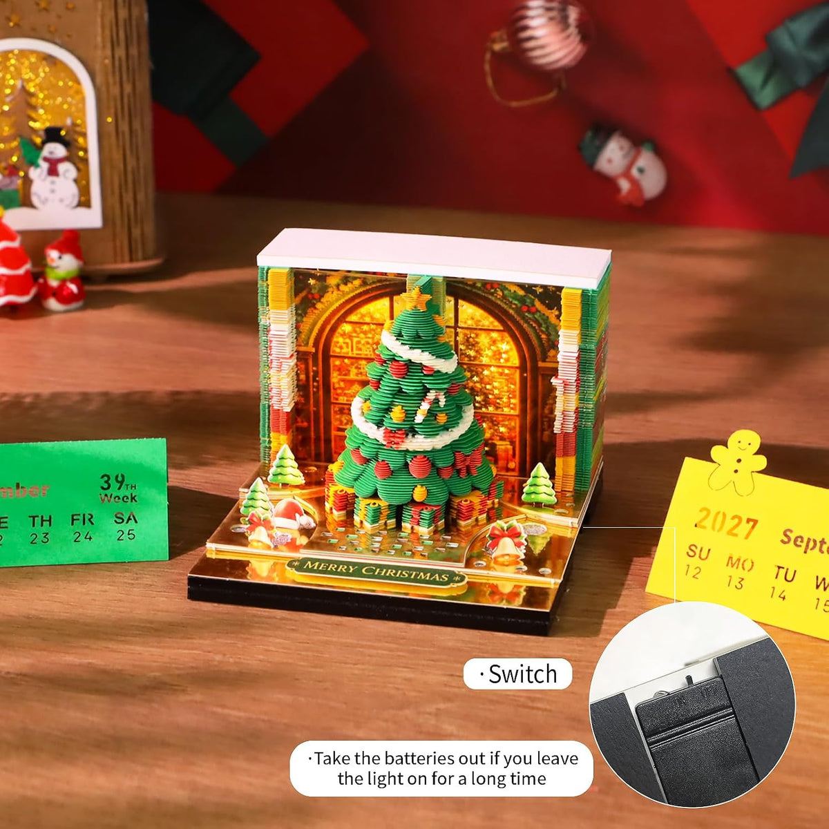 3D Calendar 2027,3D Art Desk Time Piece Calendar Tear-Away Memo Pad DIY Note Pad for Record, Bookmark, Gift & Office Decor (Christmas Tree)