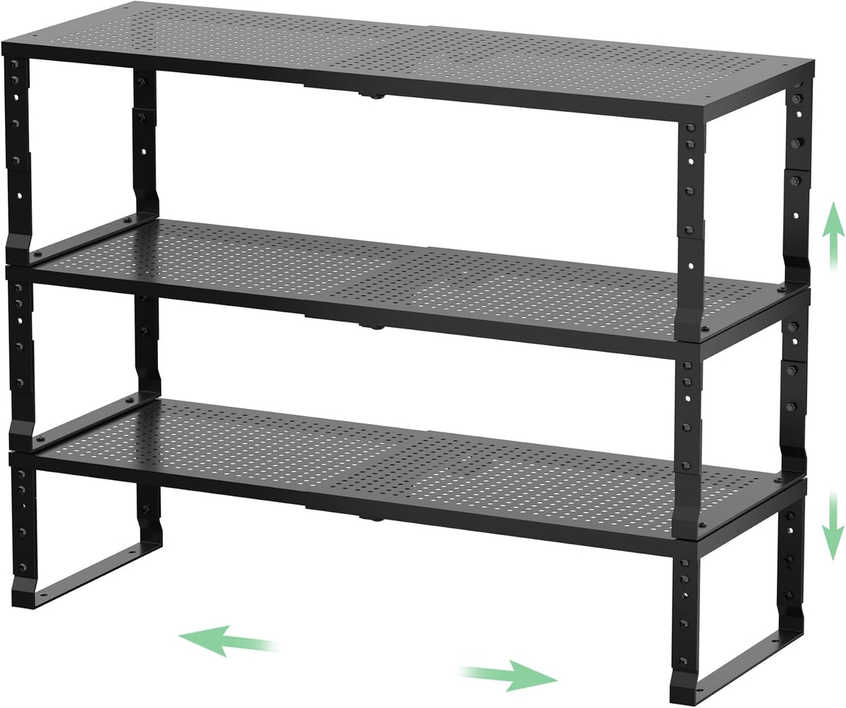 Metal Stackable Expandable Storage Rack, Thickened Steel Adjustable Countertop Space Saving, Heavy-Duty Pantry Storage, Suitable for Kitchens, Cabinet, Sink, Bathrooms, Workshops or Offices