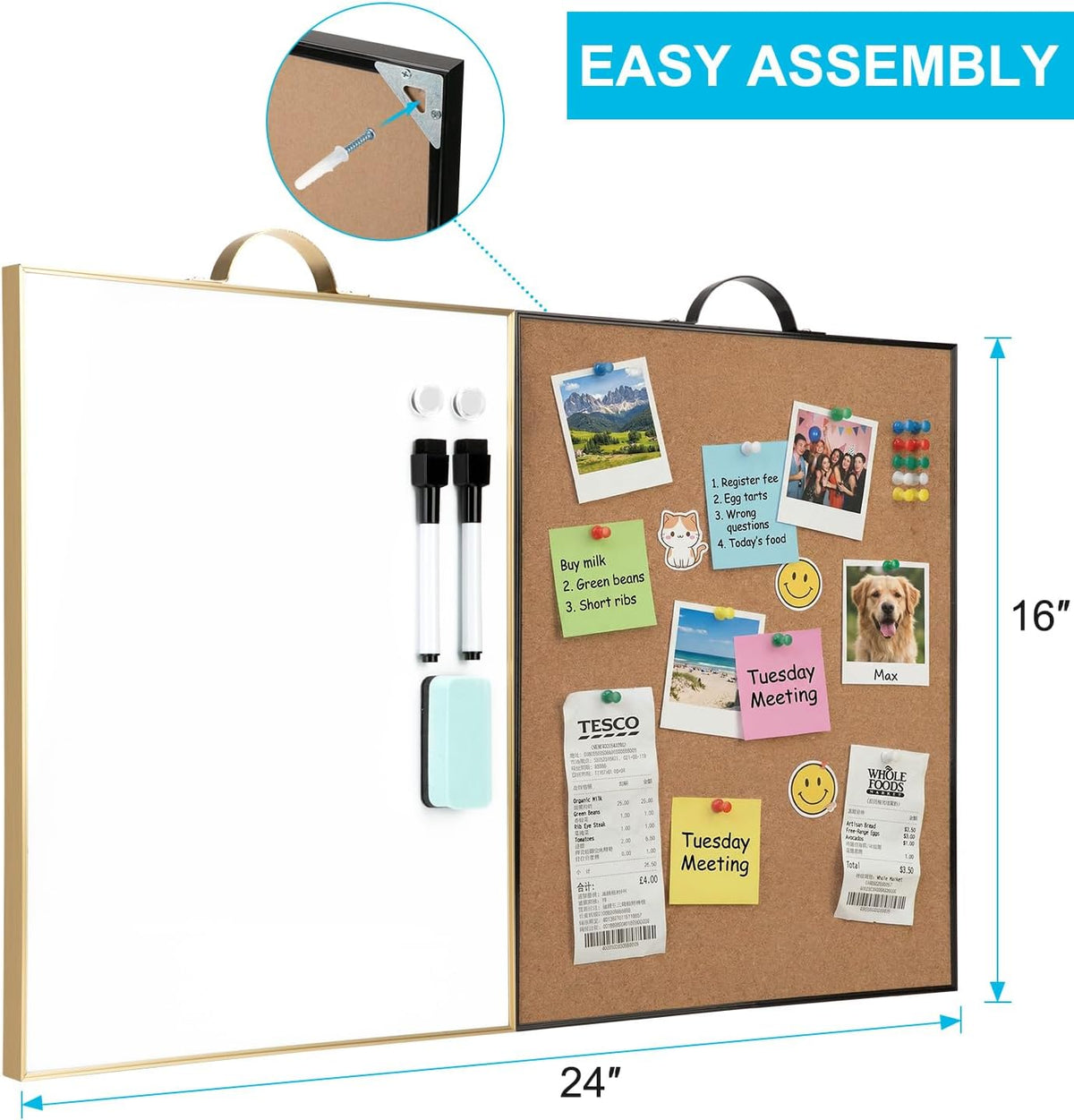 Small Whiteboard Cork-Board Combo for Wall, 2-Board Set, 24"x16" Total