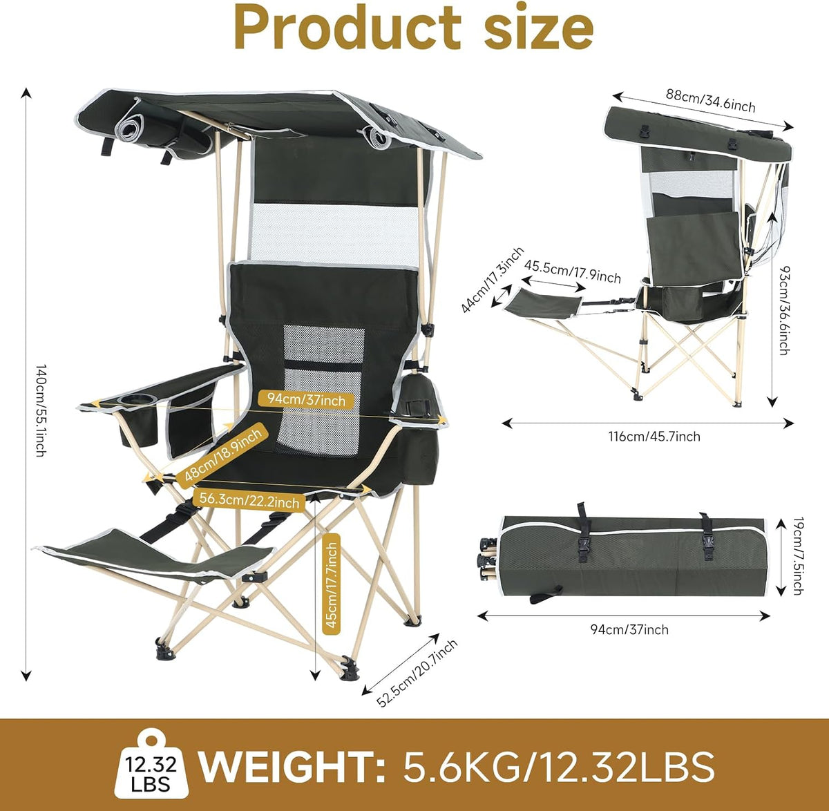 CDEN Canopy Chair, Chair with Shade, Umbrella Chairs, Foldable Camping Chairs, with Detachable Footrest, Cooler Bag, Cup Holder, for Camping, Picnic, Sports, Patio, Traveling (1 Pack)