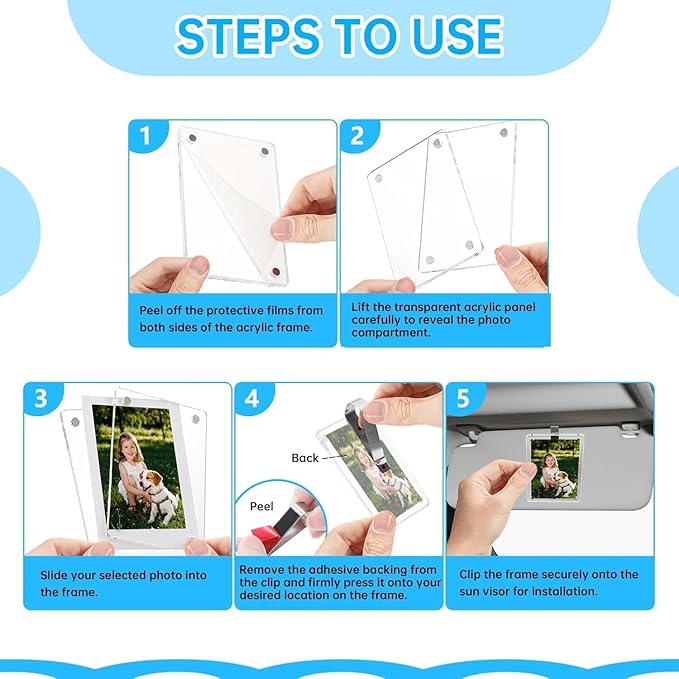 2 Pack Magnetic Car Visor Photo Holder – Personalized Acrylic Clip for Family, Pets, Travel Pictures – Easy Snap-On Car Accessory for Sun Visor (2 Pack, 3''x3.5'')