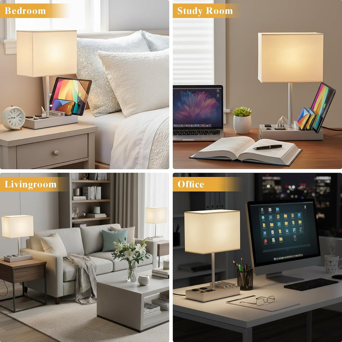 Briever USB Table Lamp, Multi-Functional Desk Lamp with 2 AC Outlets, Bedside Lamp with 3 USB Charging Ports and Wooden Phone Stands, Nightstand Lamp for Bedroom, Livingroom, Office, Silver Woodgrain