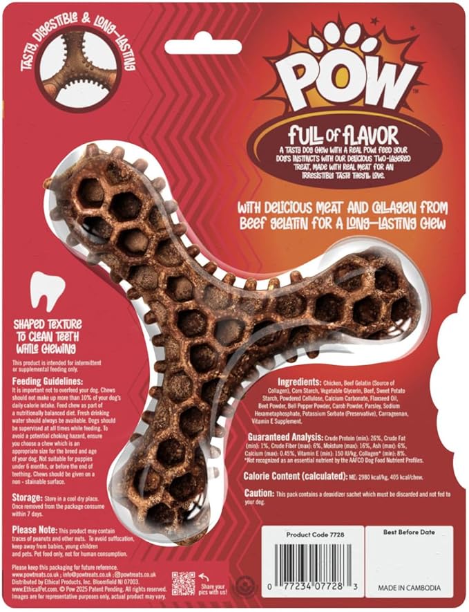POW Jerky Toughies Tri-Bone Beef Dog Chew, Rawhide-Free & Nylon-Free, Real Beef & Collagen, Dental Texture, for Moderate Chewers and Dogs Over 30 lbs, 1 Count