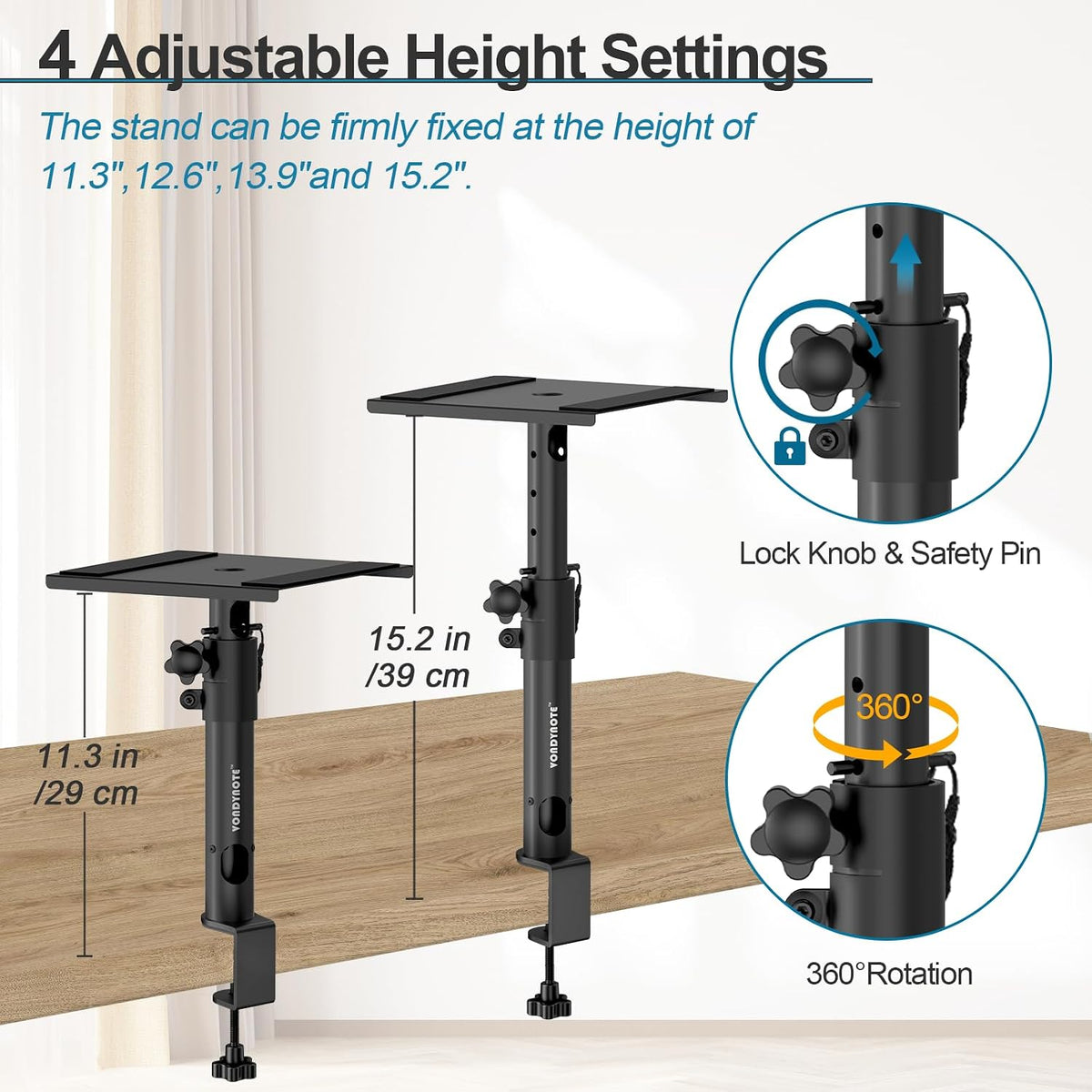Vondynote Studio Monitor Stands Desk Clamp Speaker Stands with Cable Hole