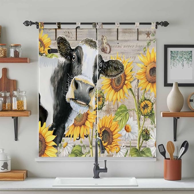 Yellow Sunflowers Bathroom Curtains 63 Inch Length, Window Curtains Tab Top