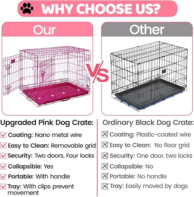 HOMEY PET Pink Dog Cage Large Dogs, Cute 42 Inch Dog Crate Big Collapsible XL Dog Kennel, Nano-Coated Metal Wire Dog Crate with Removable Floor Grid Tray, Double Doors Dual Locks, Portable Handle