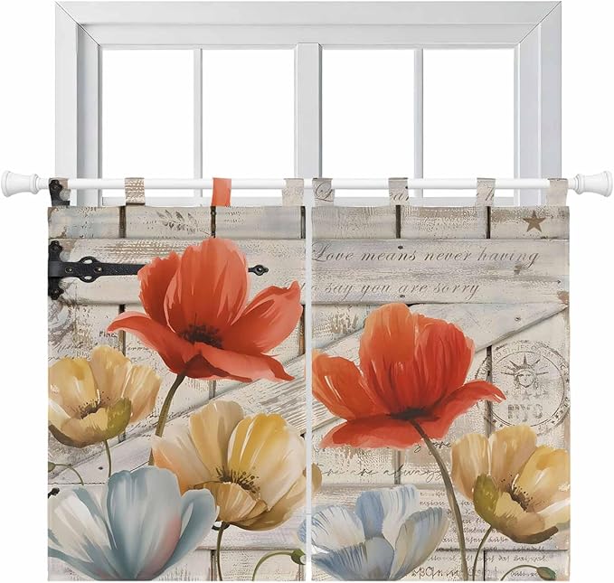 Retro Floral Bedroom Curtains 63 Inch Length, Window Curtains Tab Top