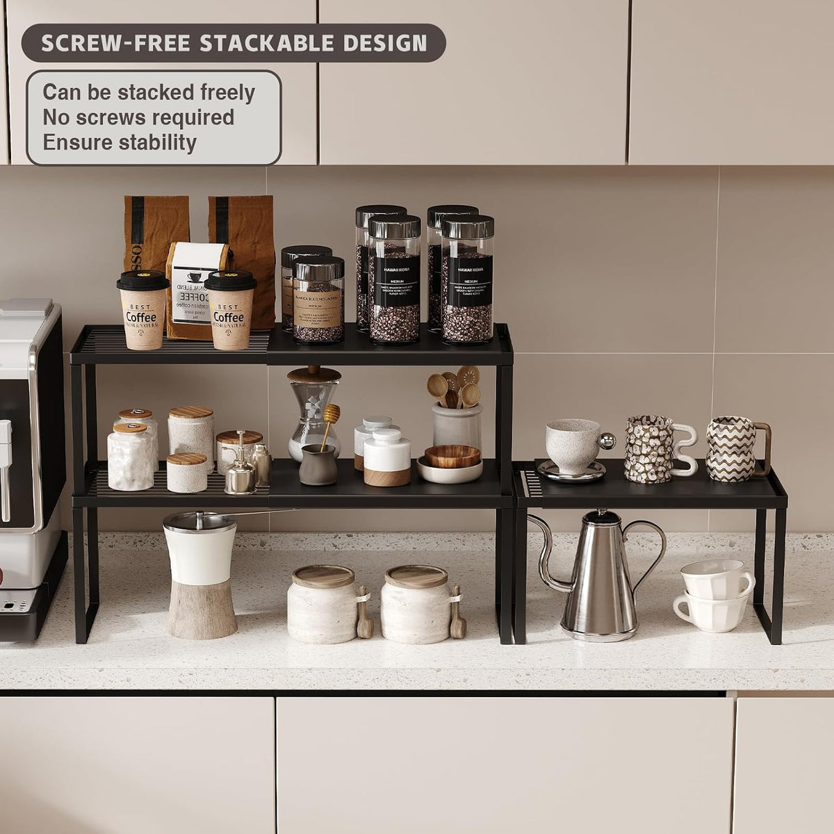 Magheo Expandable Kitchen Countertop Organizer, 2 Pack Stackable Cabinet Shelf Risers, Metal Spice Rack Heavy Duty Counter Organizer Storage for Kitchen, Pantry, Cupboard, Rv (8.7in Height,Black)