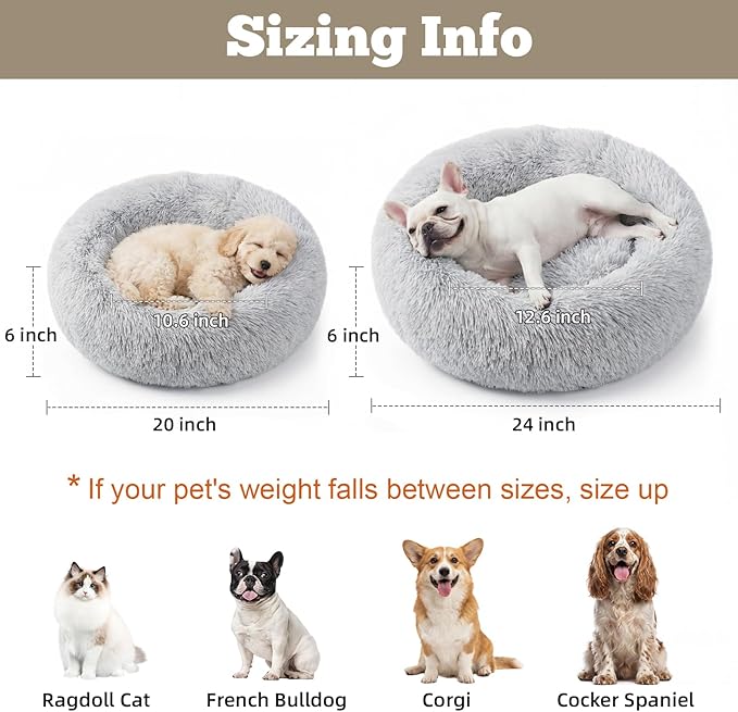 Calming Dog Bed, 20" x 20" x 6" Fits Cat & Dog, Anti-Slip Round Washable Faux Fur for Doze Off, Napping Orthopedic, Grey