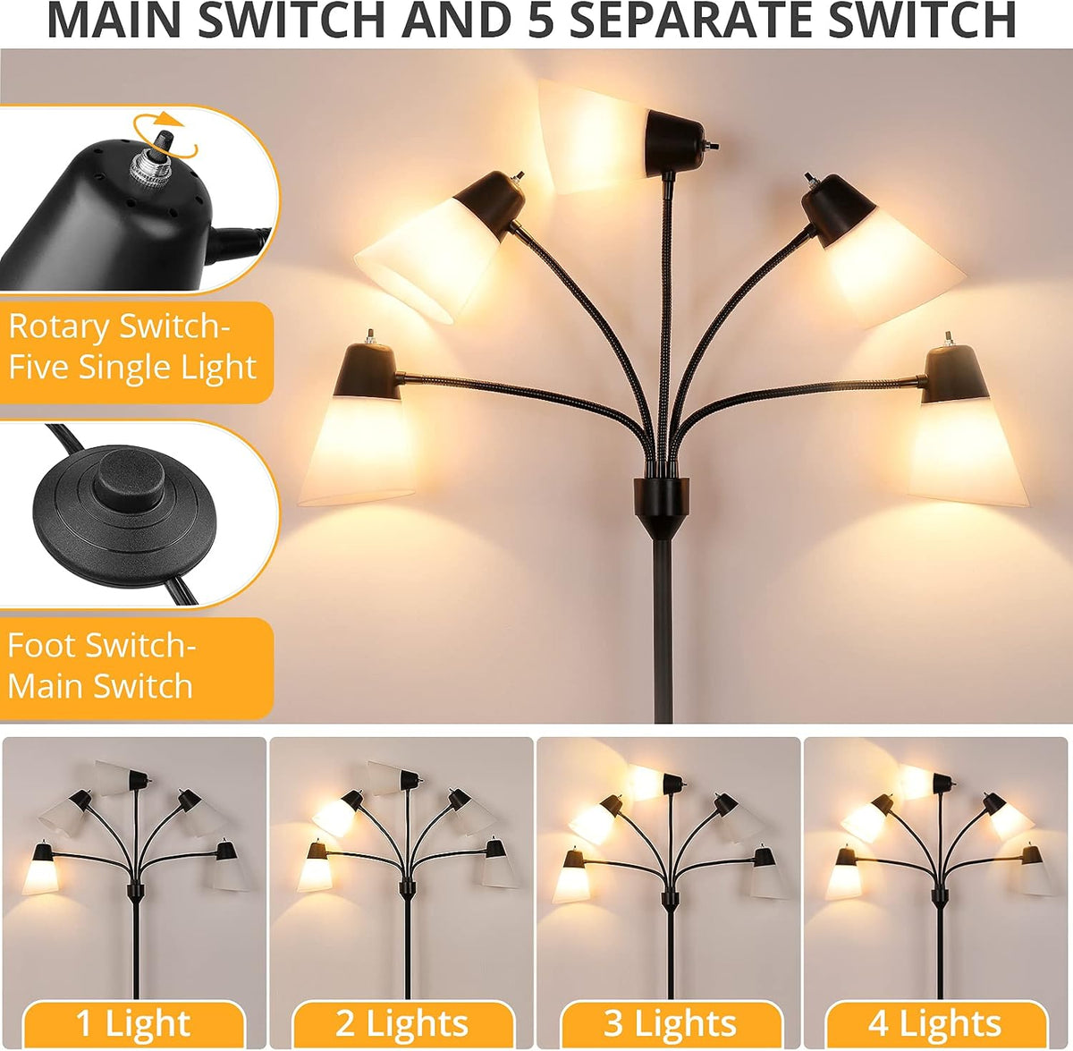 LED Floor Lamp, Medusa Adjustable Multi Head Modern Tall Standing Light