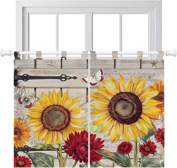 Red Yellow Sunflowers Kitchen Curtains 45 Inch Length, Short Cafe Window