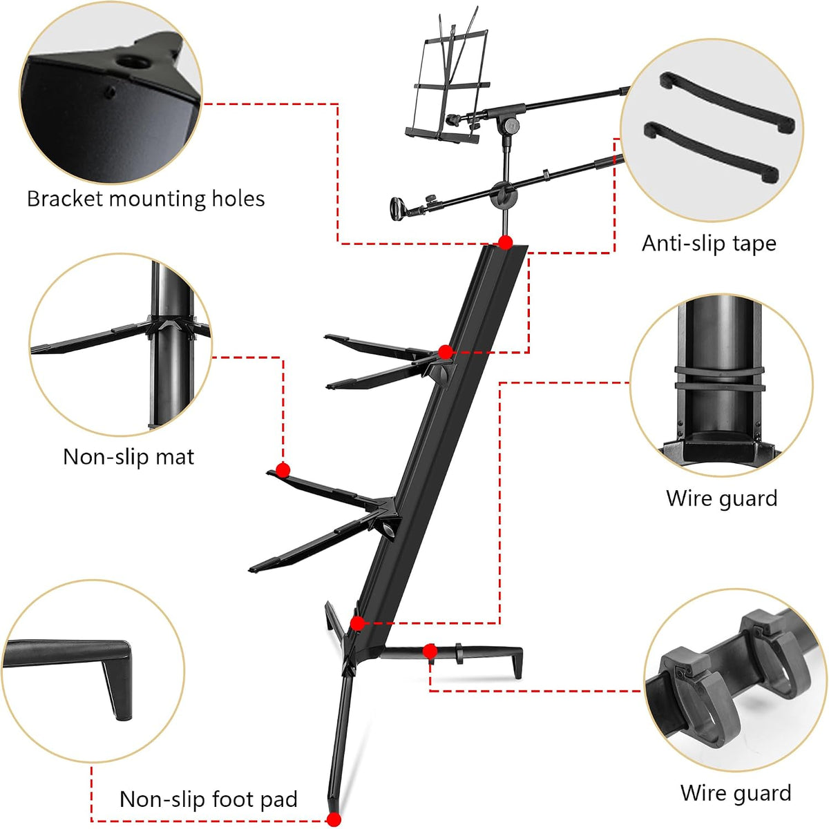 AKOZLIN Aluminum Alloy Keyboard Stand Spider 61 76 88 Keys Holder 2 Tier With Detachable Music and Microphone Rack(Black)