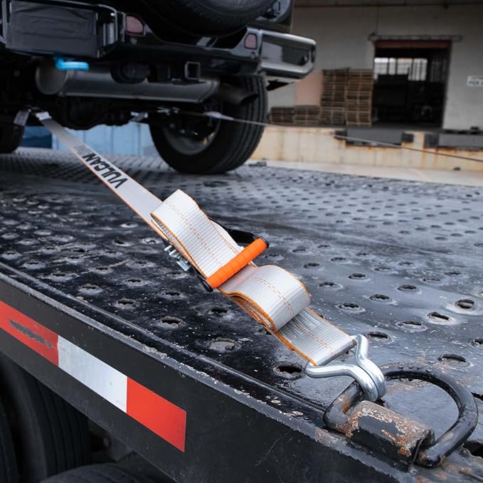 VULCAN Complete Axle Strap Tie Down Kit with Wire J-Hook Ratchet Straps - Silver Series Webbing - Includes (4) 22 and (4) 36 Inch Axle Tie Downs, and (4) 8' Wire Hook Straps