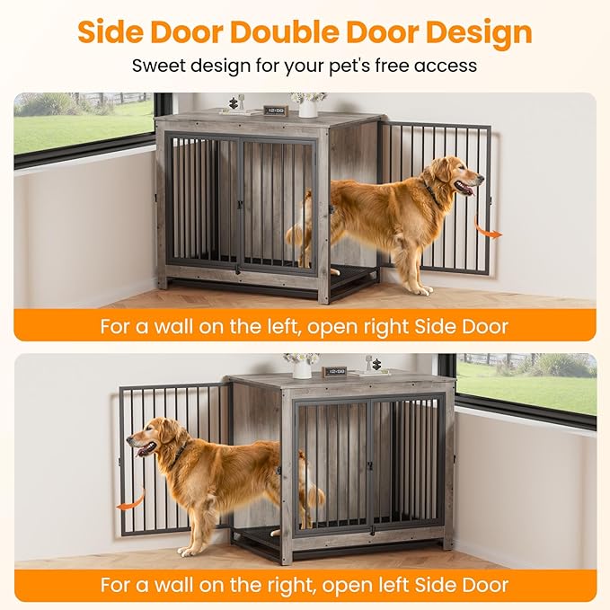 Dog Crate Furniture, 42 Inch Indoor Large Dog Kennel for Medium to Large Dogs Up to 70 LBS, Heavy Duty Wooden Pet Cage End Table with 3 Doors, Alloy Steel Frame & Removable Tray
