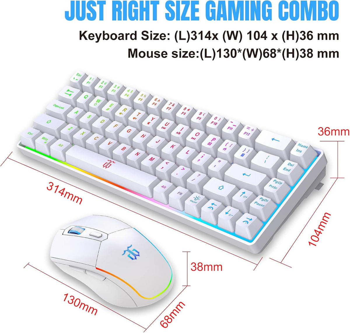 Snpurdiri 60% Wireless Gaming Keyboard and Mouse Combo, White