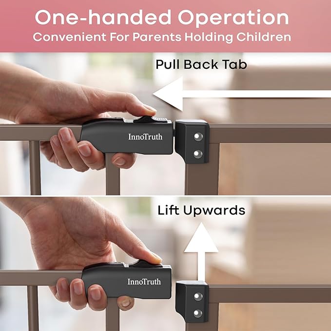 InnoTruth 29.5–40.75" Baby Gate for Stairs, 30" Tall Dog Gates for Doorways & Hallways, Safety Gate for Kids & Pets, Pressure-Mounted Walk-Through with Dual Lock & 2-Way Swing, Brown