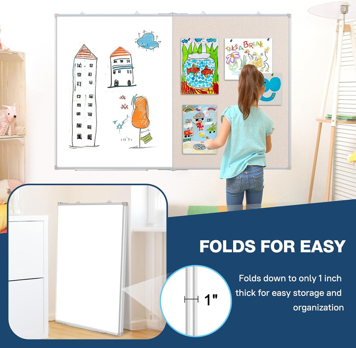 Large White Board Dry Erase Foldable Bulletin Board Combo 60x40 for Wall