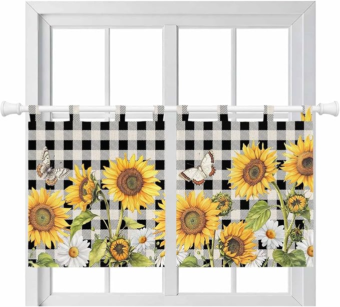 Sunflowers Kitchen Curtains 36 Inch Length, Small Window Curtains Tab Top