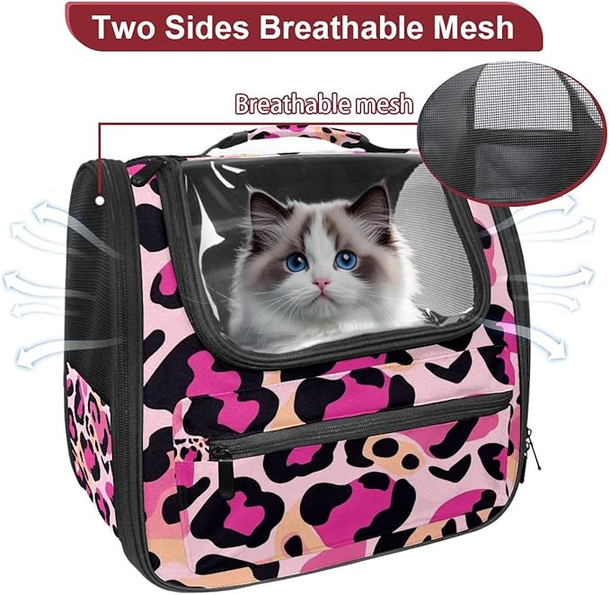 Pink Leopard Print (1) Cat Backpack Carrier, Pet Backpack for Dog Cat Puppy Kitty, Travel Carrier for Hiking Walking Outdoor Use