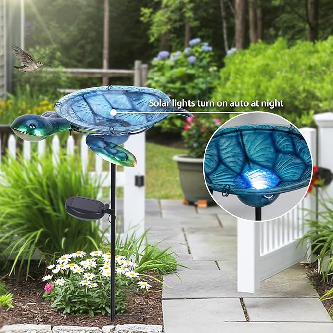 MUMTOP Outdoor Bird Bath Solar Birdbath Small Birdfeeder with Turtle Metal Stake for Garden Yard Outside Decor