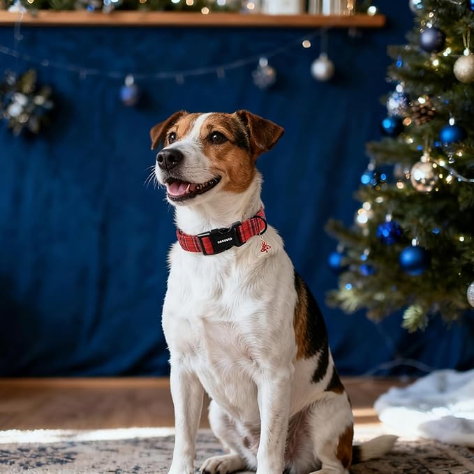 DOGWONG Christmas Plaid Dog Collar, Cute Adjustable Red Collar, Red Grid Dog Collar with Strong Plastic Buckle for Small Medium Large Dogs,XS