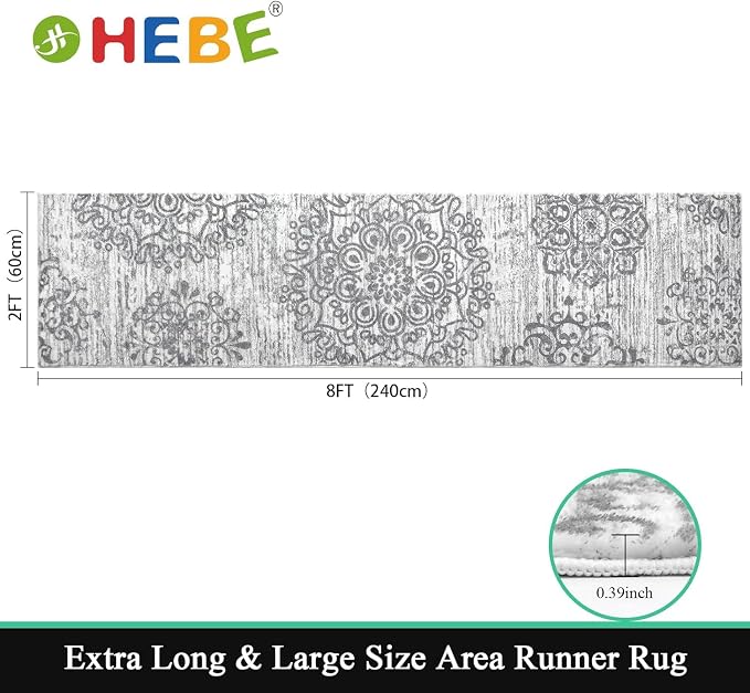 HEBE Hallway Runner Rug 2'x8' Washable Vintage Distressed Area Rugs Non Slip