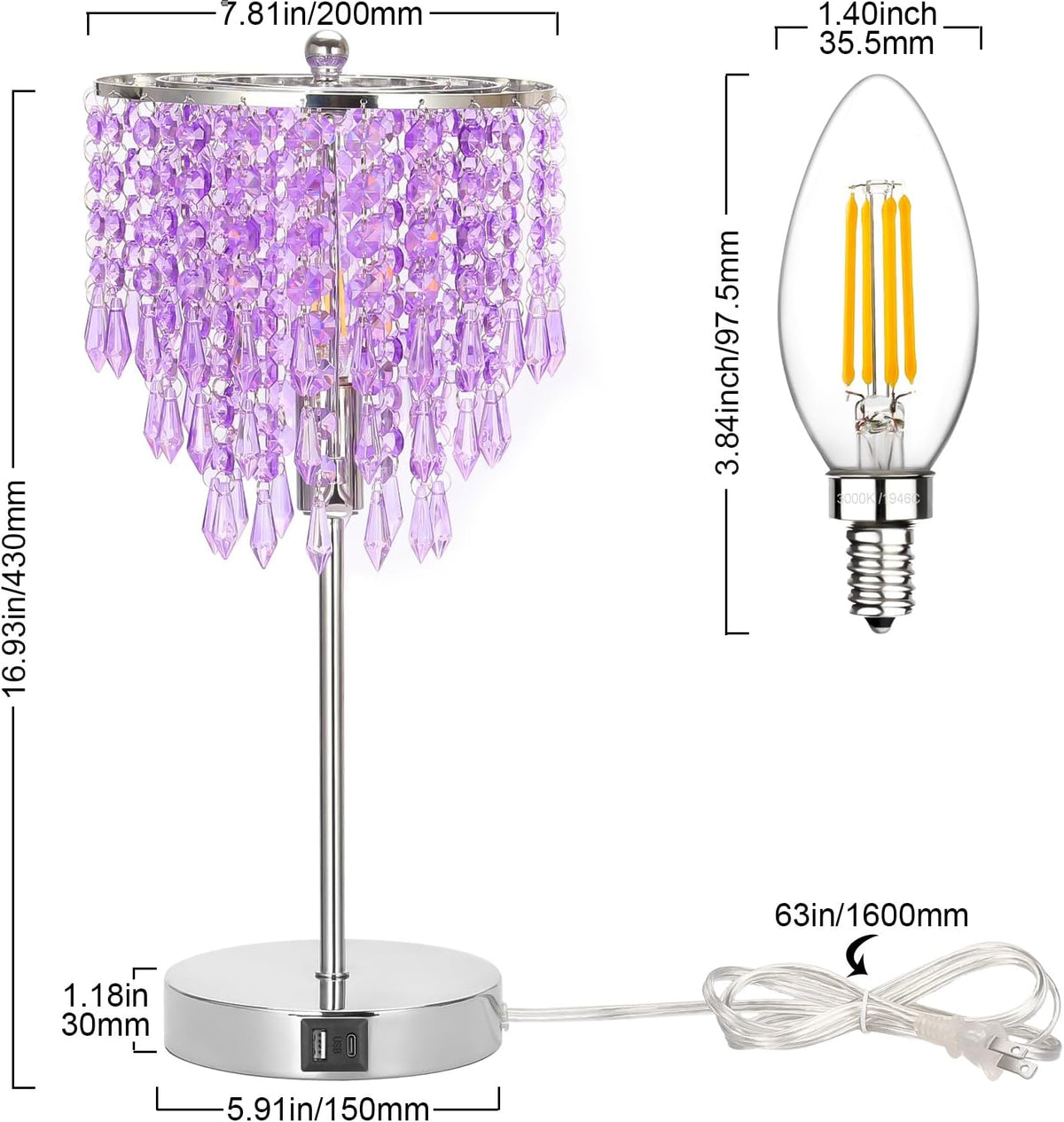 USB Bedside Crystal Lamp, 3 Way Dimmable Touch Nightstand Lamp with USB C+A Charging Ports, Lavender Table Lamps Decorative Accent Lamps Silver for Bedroom, Living Room, Office, B11 LED Bulb Included