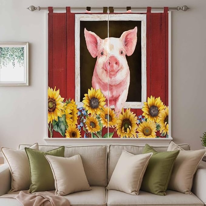 Pigs Sunflowers Bathroom Curtains 63 Inch Length, Window Curtains Tab Top