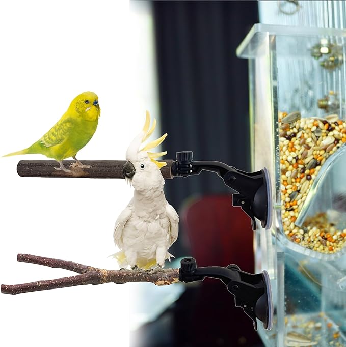 Natural Wood Bird Perch Stand With Suction Cup - 2 PCS Parrot Cage Toys, Shower and Window Stand, Wall Bath Rack for Cockatoo, Macaw, Parakeet