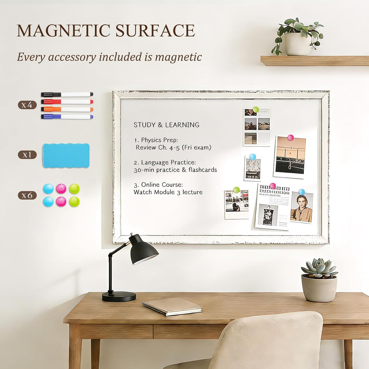 Magnetic White Board for Wall, 24" x 18", Rustic Whitewashed Wooden Frame