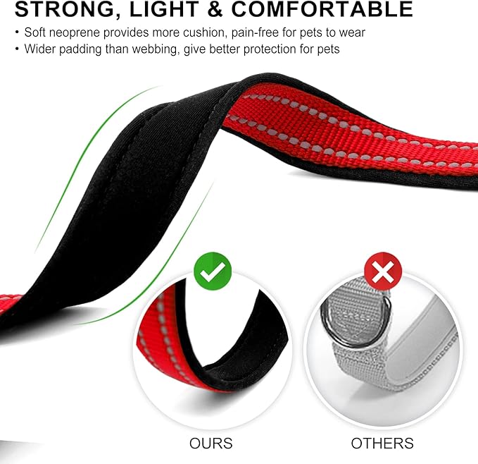 azuza Reflective Dog Collar, Soft Neoprene Padded Pet Collar with ID Tag Ring, Adjustable for Large Dogs,Red,L