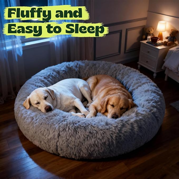 Calming Donut Pet Bed with Extra Large Thick Orthopedic Foam Cooling Gel Dog Bed XXL Waterproof Cover with Removable Washable,Giant Plush Comfort Couch for Anxiety Old Fluffy Friends Joints,Grey