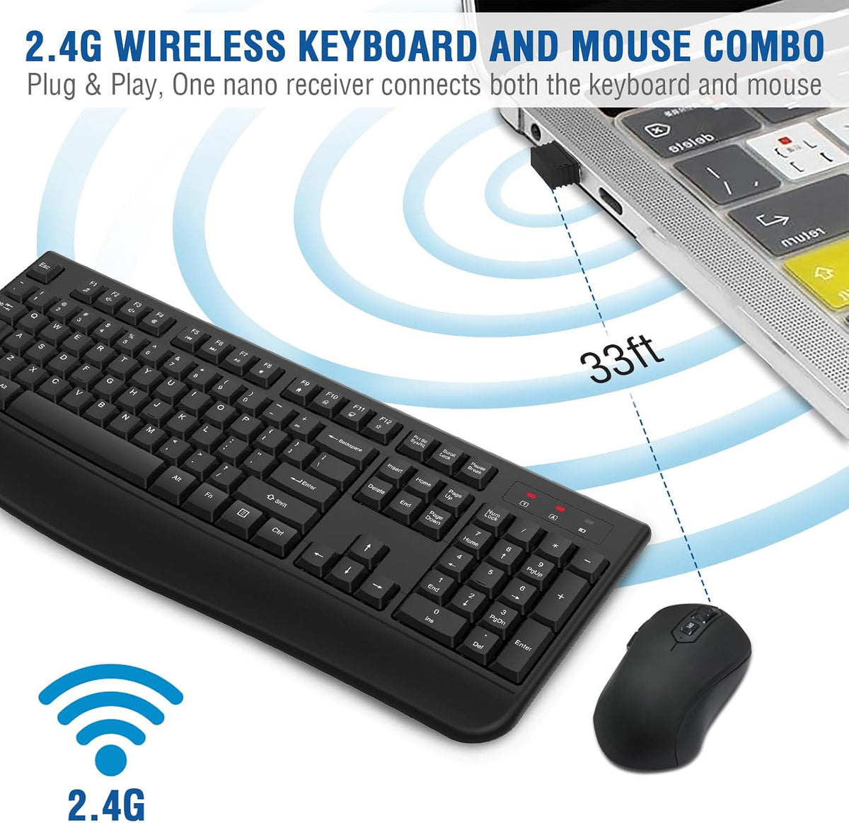 Wireless Keyboard and Mouse Combo, EDJO 2.4G Full-Sized Ergonomic Computer Keyboard with Wrist Rest and 3 Level DPI Adjustable Wireless Mouse for Windows, Mac OS Desktop/Laptop/PC(8 Pack)