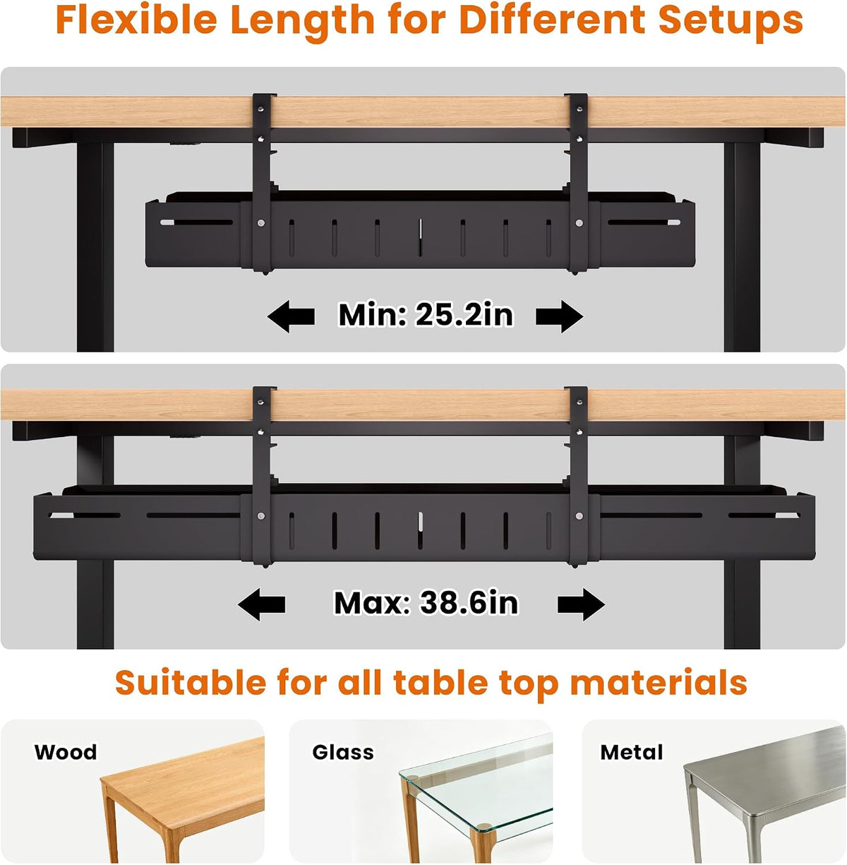 Under Desk Cable Management Tray-No Drill Clamp Moun，Expandable 25.2"–38.6"